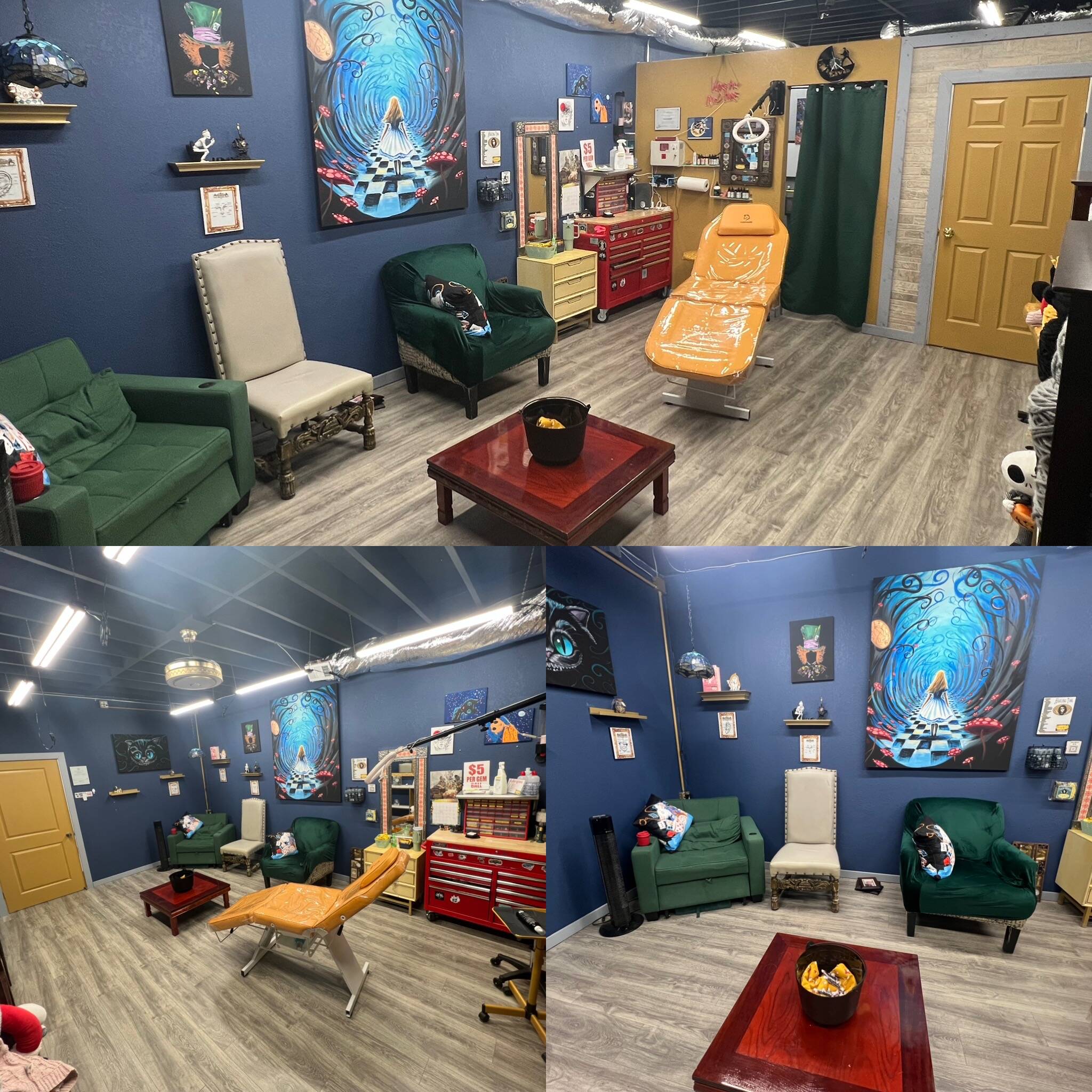 Tattoo stations and art-filled interior